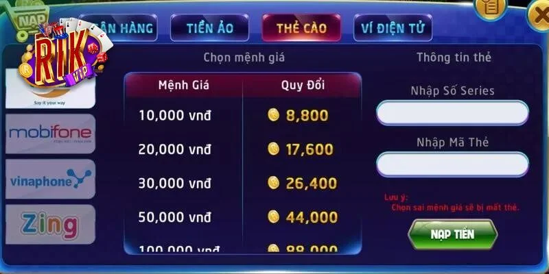 Người chơi cũng có thể nạp tiền vào nhà cái thông qua thẻ cào.